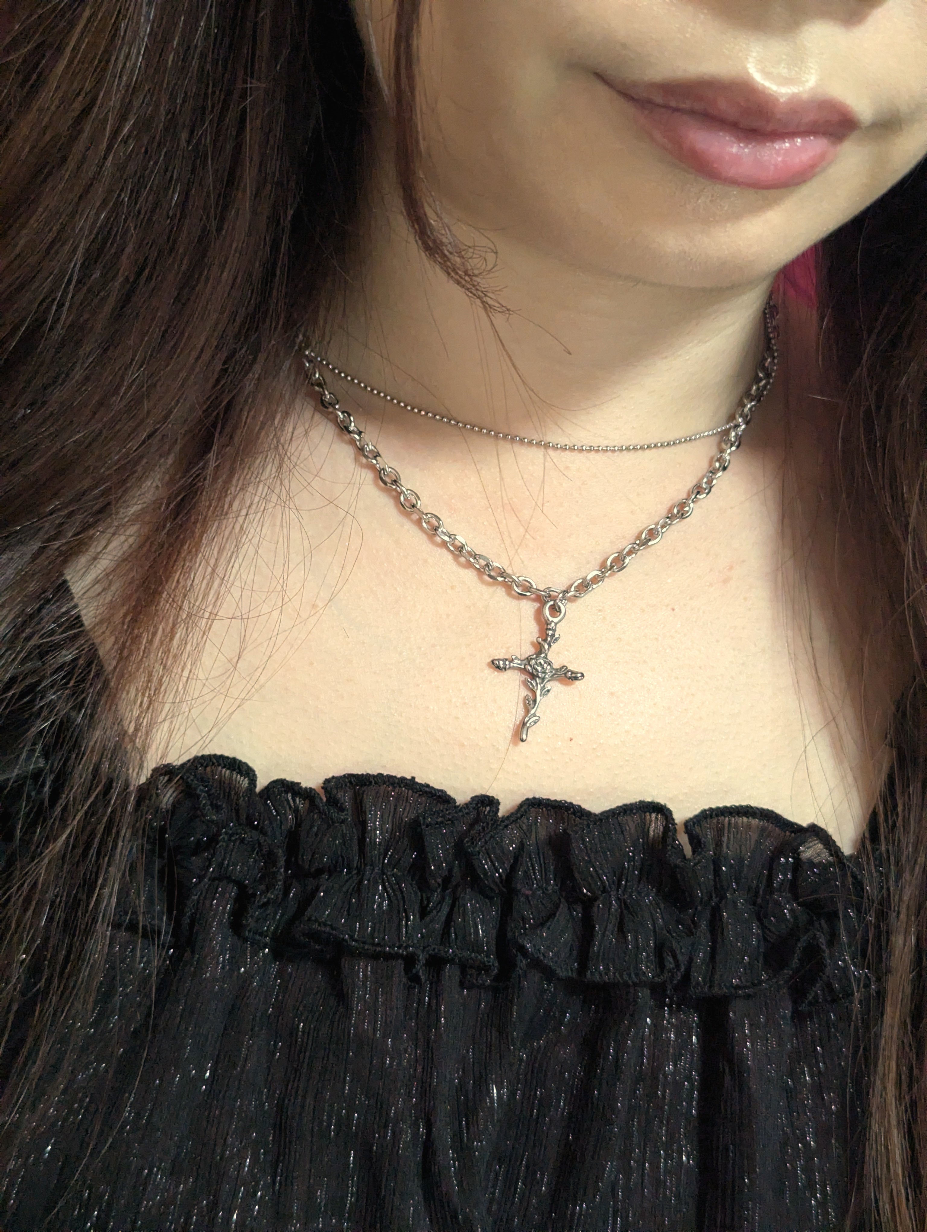 Dual chain with rose cross pendant