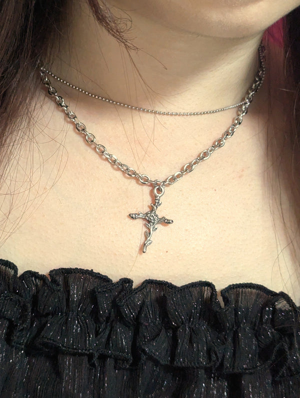 Dual chain with rose cross pendant